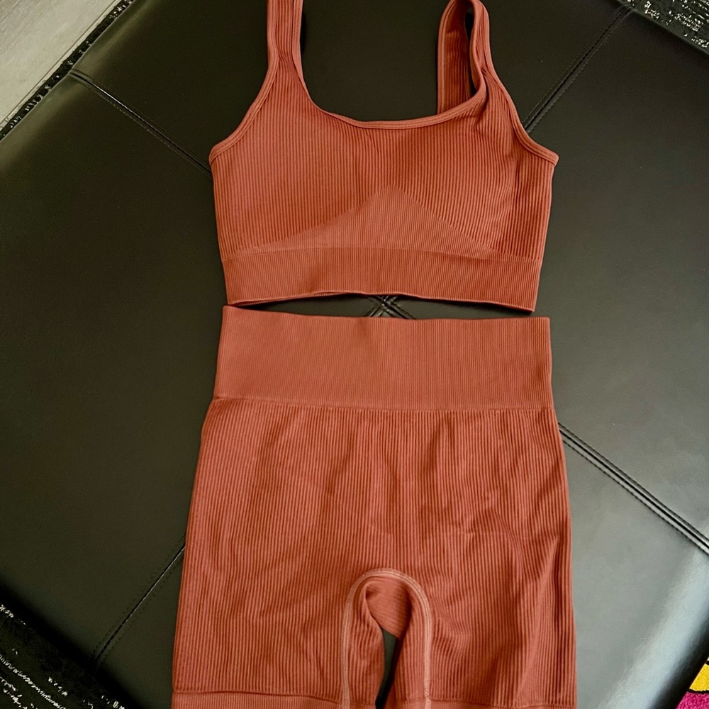 Seamless Ribbed Crop Tank and High-Waist Short Set - Rust